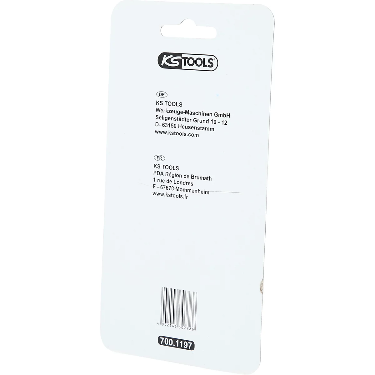 Rückseite einer weißen Verpackung mit Logo von KS TOOLS, Adressangaben und Barcode. Unten rechts steht die Nummer 700.1197.